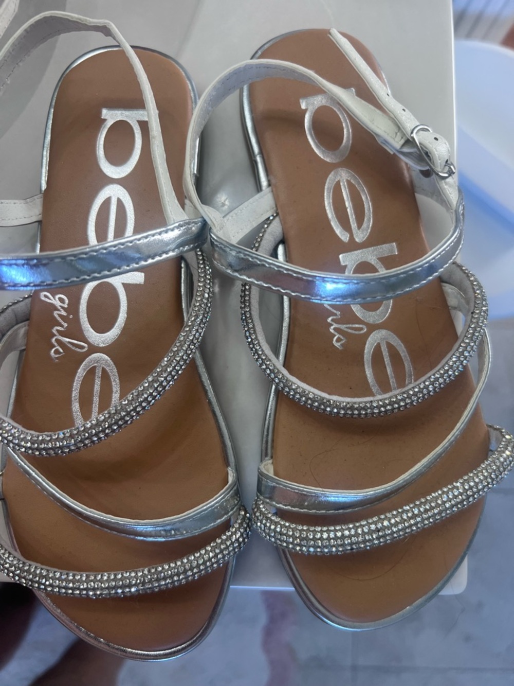 bebe Girls Silver Rhinestone Triple-Strap Sandals